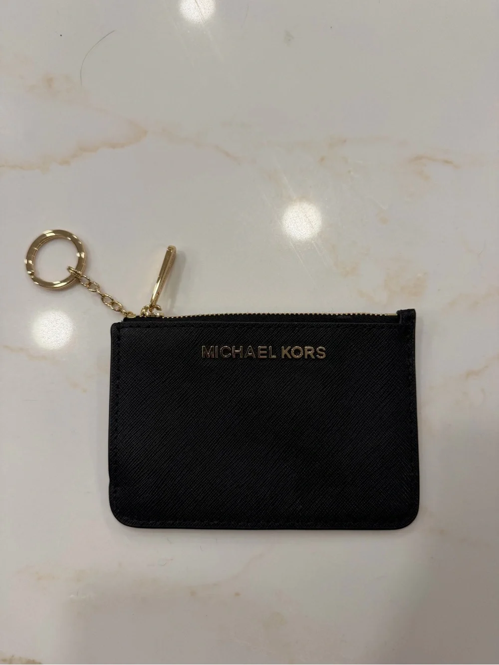 Michael Kors Black Saffiano Card & Key Pouch with Gold Hardware